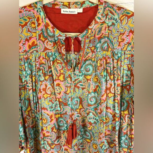 Roller Rabbit Orange Teal Rodez Serafina Boho Tassel Trim Relaxed Fit Tunic L - Picture 7 of 14